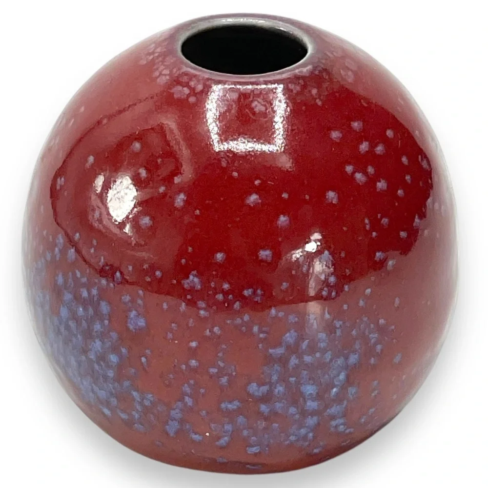 Japanese Vintage Small Round Red with Periwinkle Speckles Bud Vase 3